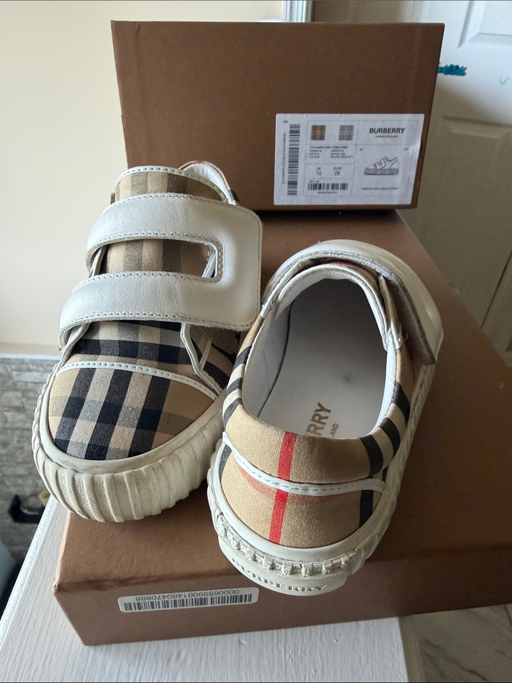 Burberry Kids Vintage Check Velcro Sneakers in Beige, Black & Red